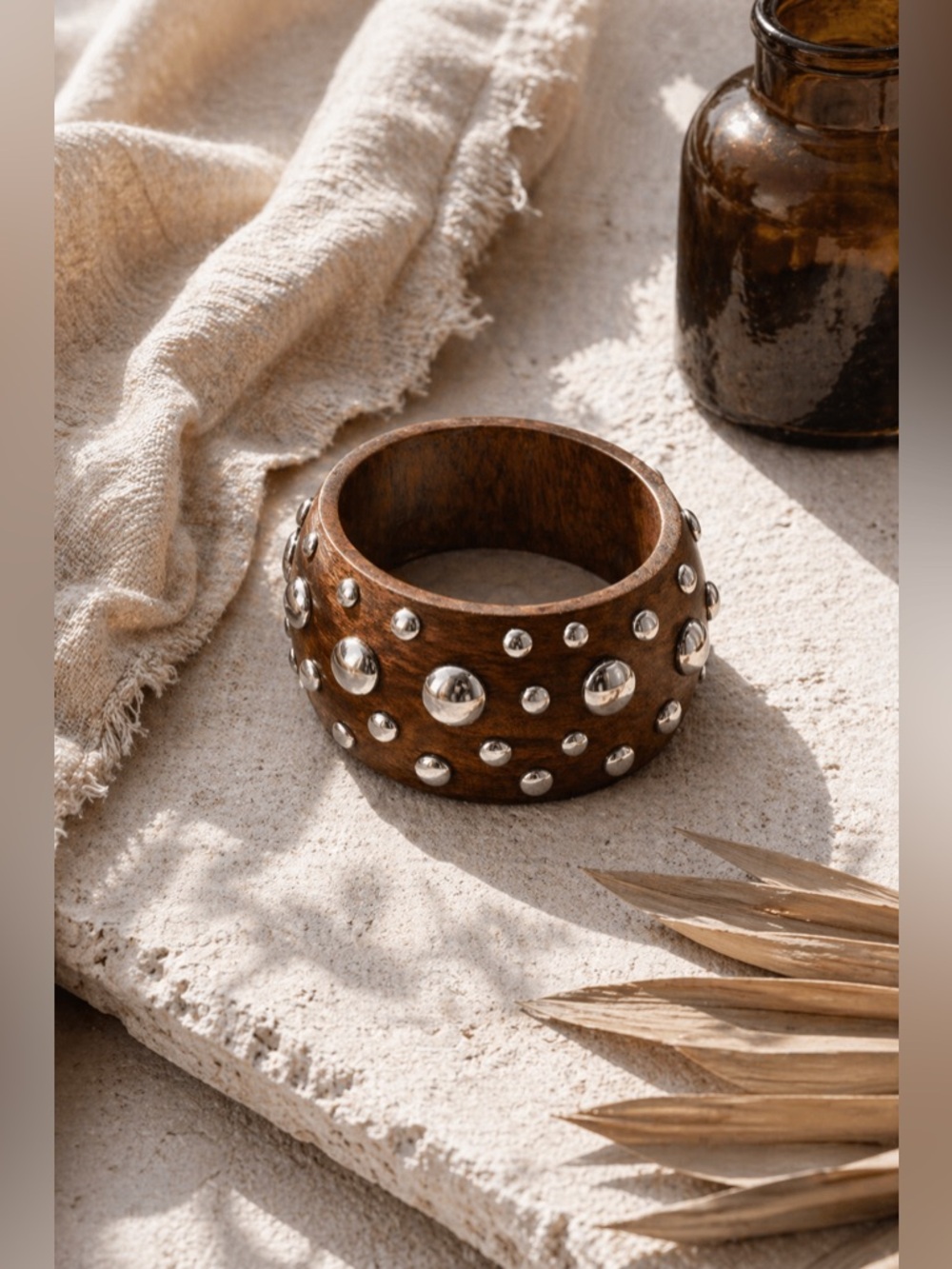 Boho Studded Wooden Cuff Bracelet | Statement Festival Earthy Bangle